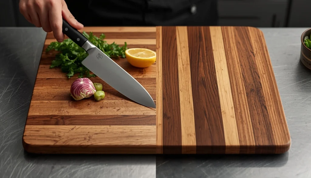 Titanium cutting board compared with a wood cutting board for knife safety