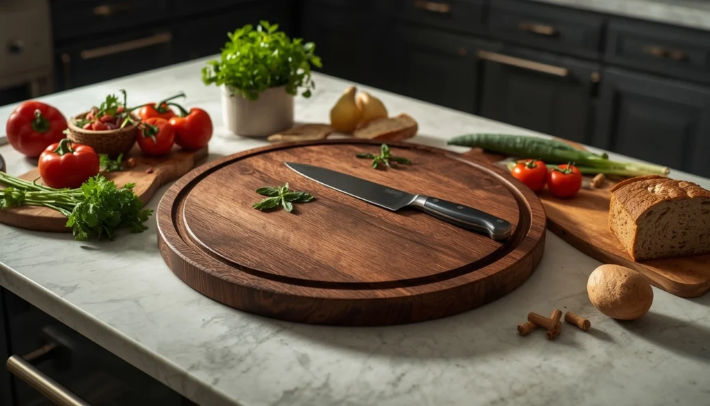 Round walnut end-grain cutting board favored by professional chefs