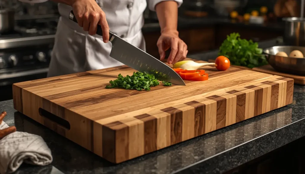 Large maple butcher block cutting board used in professional kitchens