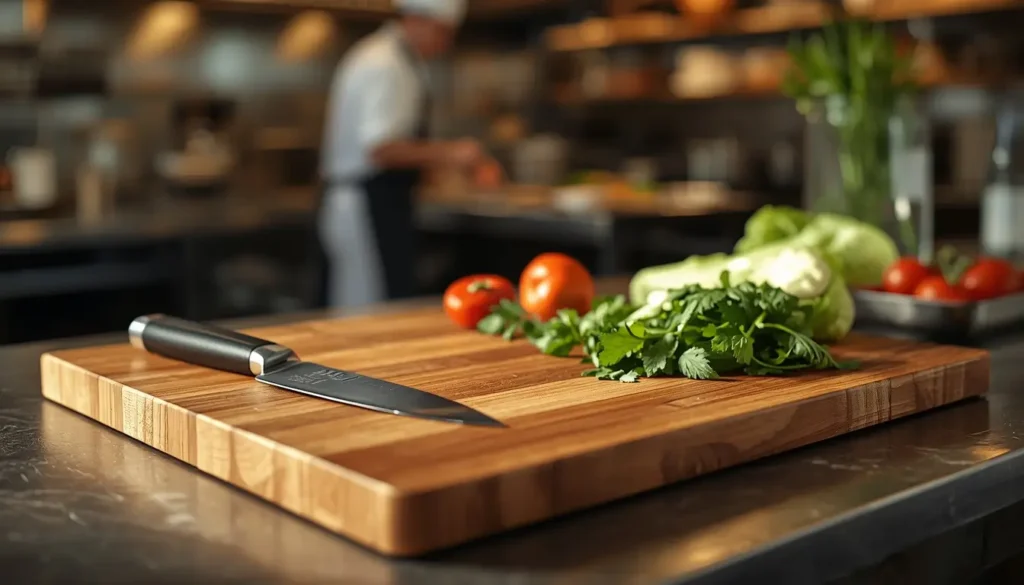 professional kitchen scene featuring a large end-grain maple cutting board on a chef's workstation, premium chef's knife resting beside freshly chopped vegetables, herbs, and ingredients.