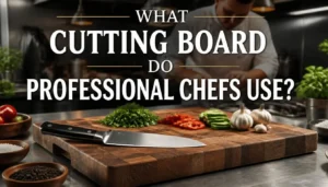 professional kitchen scene featuring a large end-grain maple cutting board on a chef's workstation, premium chef's knife resting beside freshly chopped vegetables, herbs, and ingredients.
