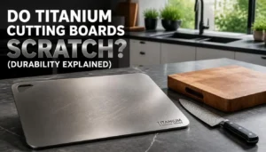 kitchen scene featuring a premium titanium cutting board on a luxury countertop, showing faint surface marks from knife use, next to a chef's knife and wooden cutting board for comparison.