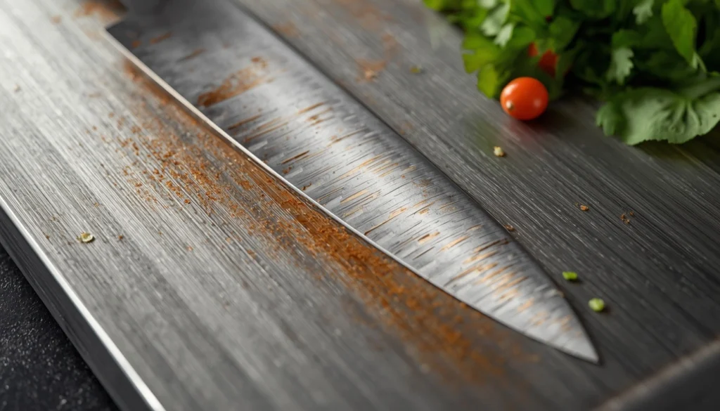 Titanium cutting board showing minor surface scratches from regular knife use
