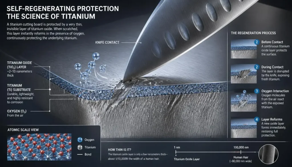 Titanium oxide protective layer illustration on a titanium cutting board
