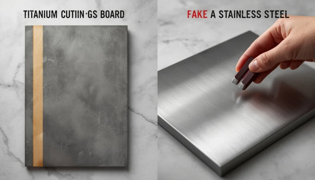 Real titanium cutting board versus fake stainless steel cutting board comparison
