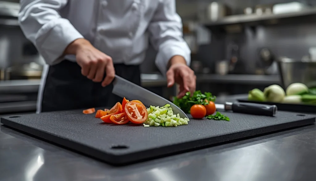 Natural rubber cutting board used in a professional kitchen for safe food preparation