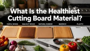several cutting boards side-by-side: maple wood, walnut wood, natural rubber, bamboo, and plastic. The maple and walnut boards are highlighted with a subtle glow to indicate they are the healthiest choices.