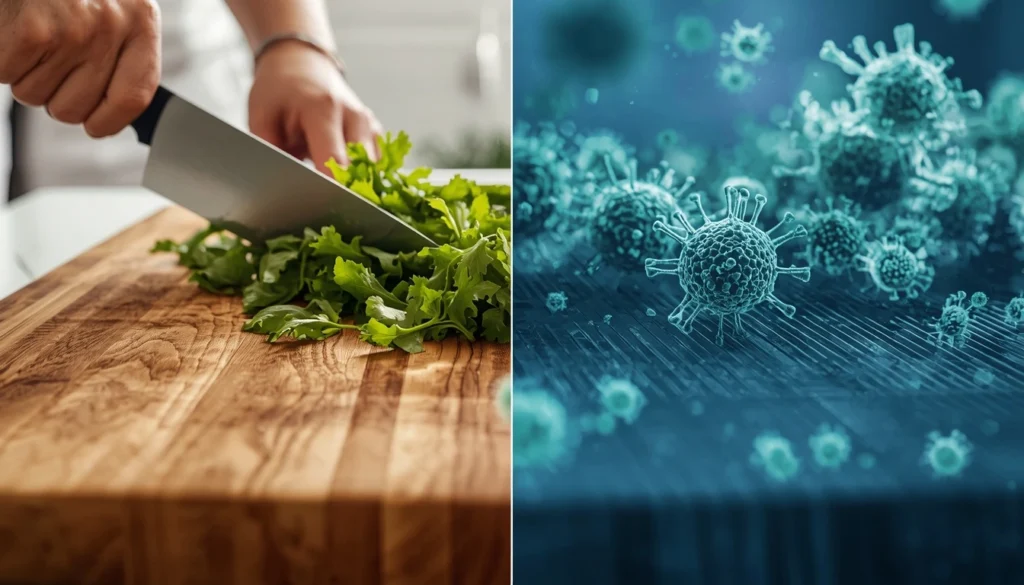 Hardwood cutting board showing superior hygiene compared to plastic board