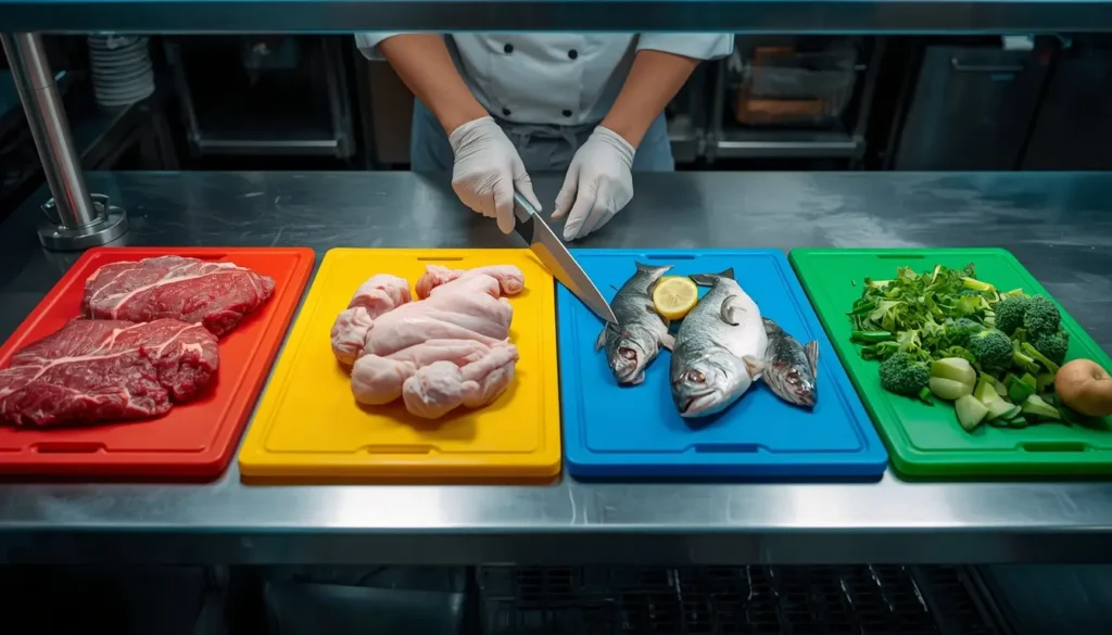 Color coded cutting boards used to prevent cross contamination during food preparation