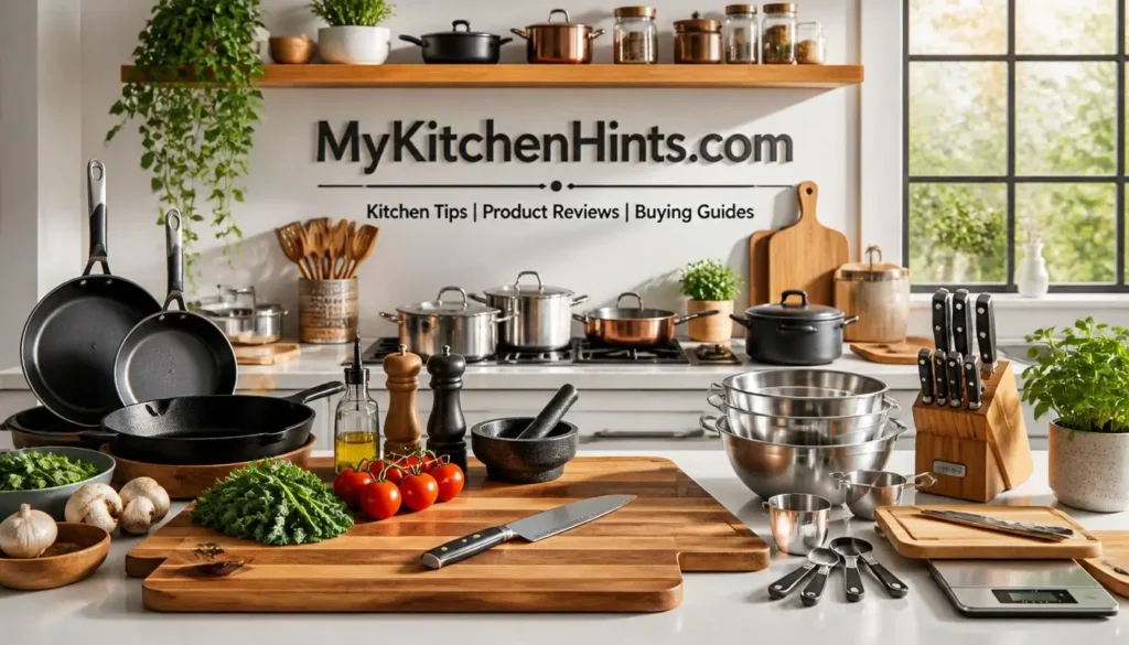 MyKitchenHints.com kitchen guide featuring knives, cutting boards, cookware, and kitchen tools.