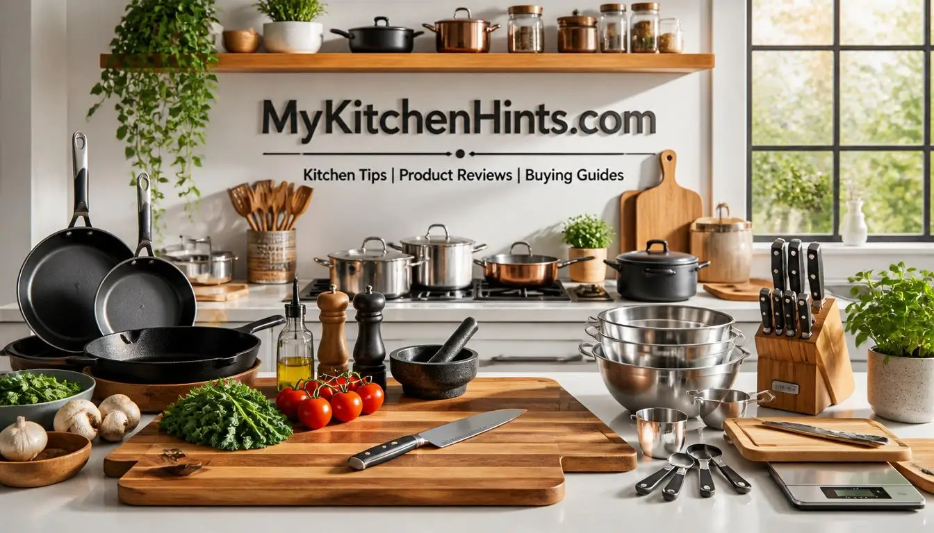 MyKitchenHints.com kitchen guide featuring knives, cutting boards, cookware, and kitchen tools.