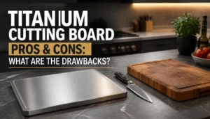 a large titanium cutting board on a premium countertop beside a chef's knife and a traditional wooden cutting board.
