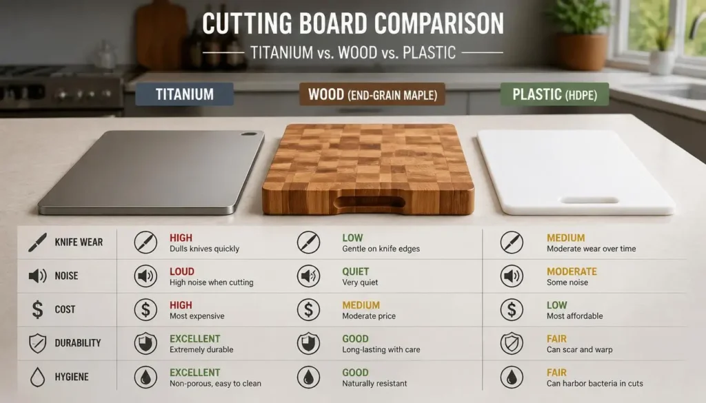 Titanium cutting board compared to wood and plastic