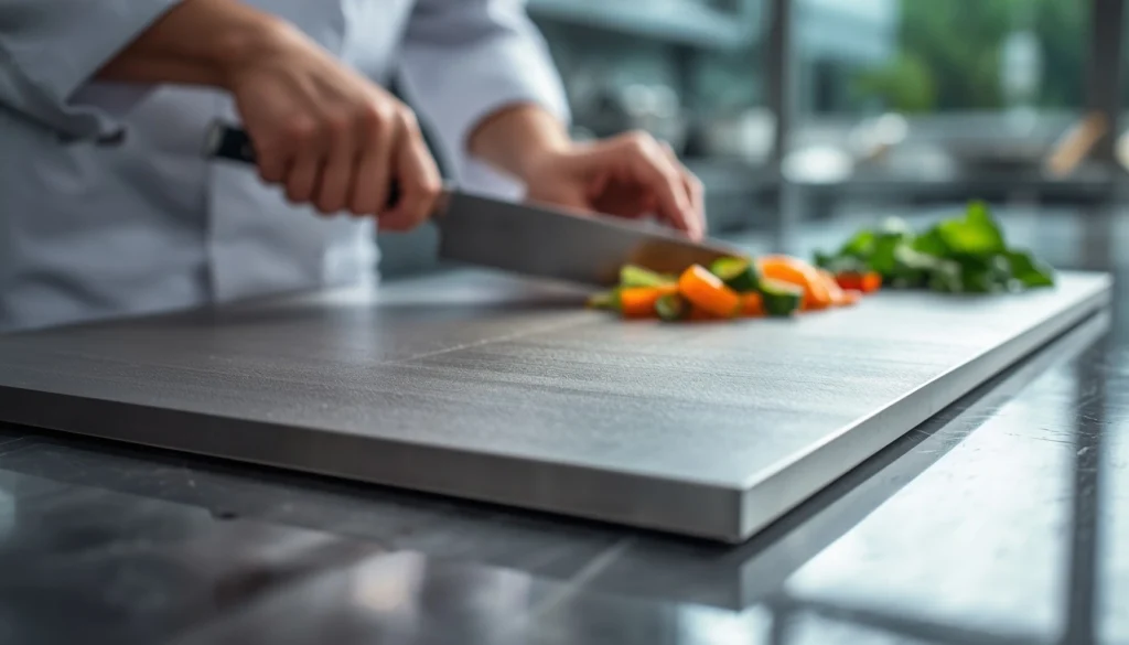 Titanium cutting board used for food preparation in a modern kitchen
