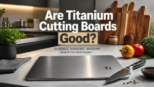 kitchen scene featuring a sleek titanium cutting board on a modern countertop beside a premium chef's knife and fresh vegetables.