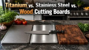 A professional kitchen countertop displaying three cutting boards side by side