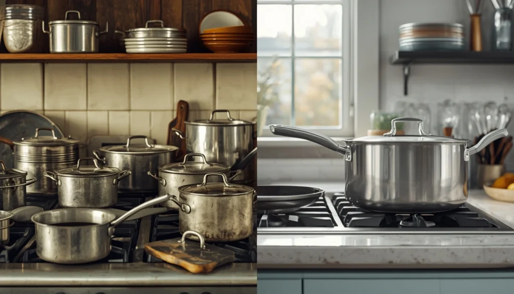Transition from aluminum cookware to stainless steel and nonstick pans in modern kitchens