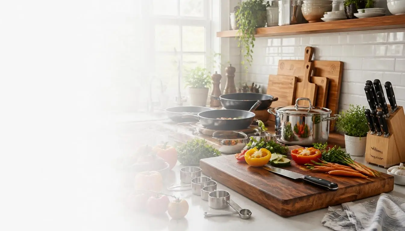 home kitchen filled with premium kitchen tools and cookware. A beautiful wooden cutting board sits on a clean countertop beside chef’s knives, cast iron skillets, stainless steel cookware, non-stick pans, bamboo cutting boards, measuring tools, and cooking accessories. Fresh vegetables and herbs are being prepared