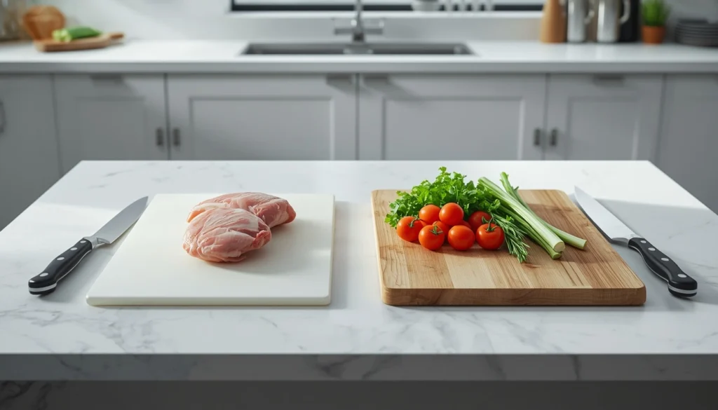 Separate plastic and wood cutting boards used for raw chicken and vegetables