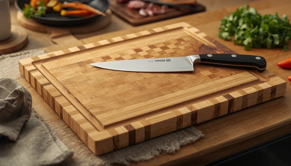 End-grain maple cutting board with walnut and cherry hardwood boards