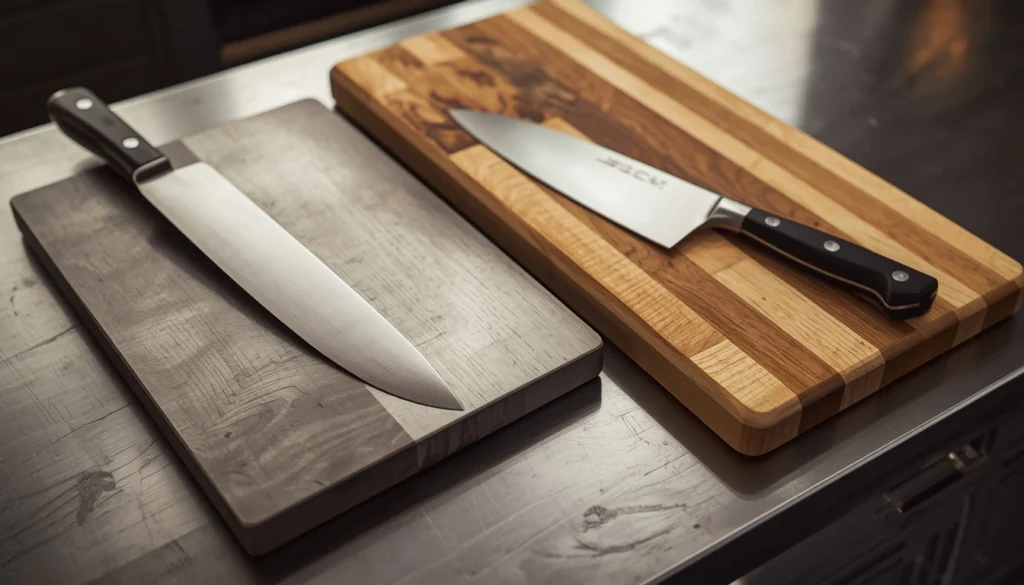 Titanium metal cutting board compared with a knife-friendly maple wood cutting board
