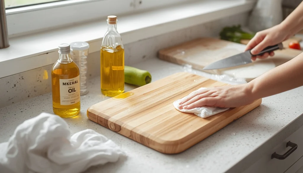 Cleaning and oiling a maple wood cutting board with food-grade mineral oil