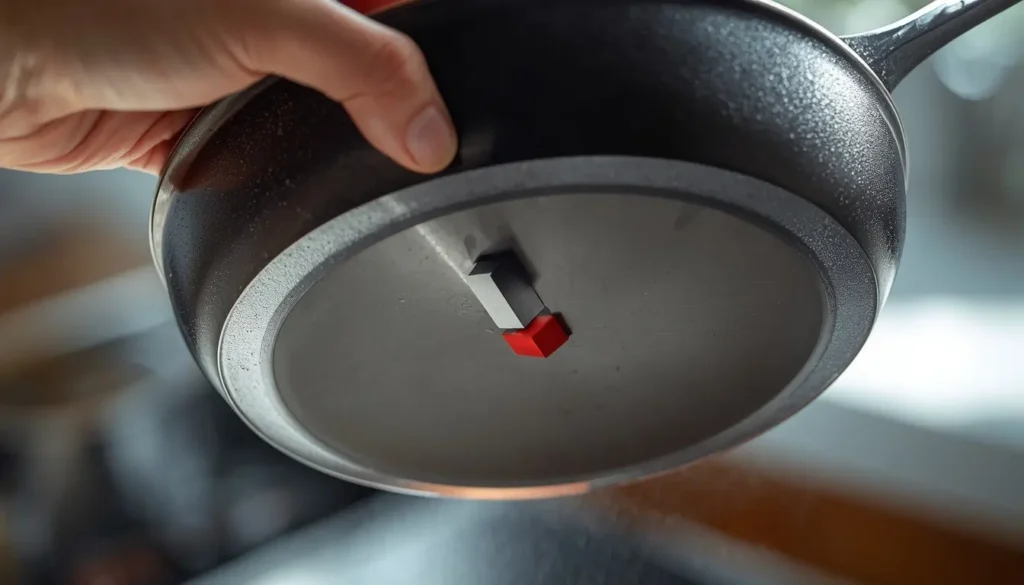 magnet sticking to the bottom of a cast iron skillet to test induction compatibility