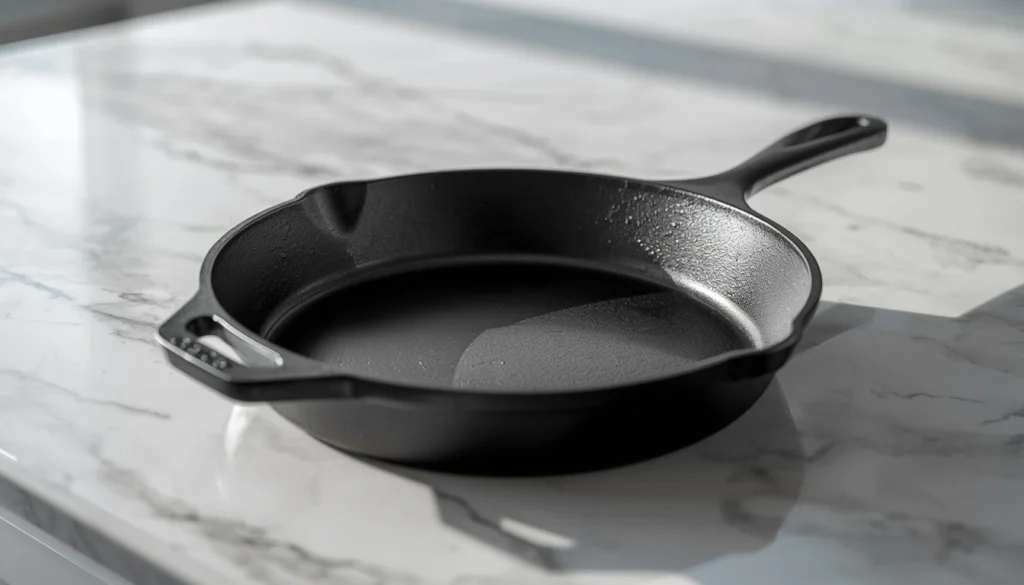 flat smooth base of a seasoned cast iron skillet inspected on a kitchen counter