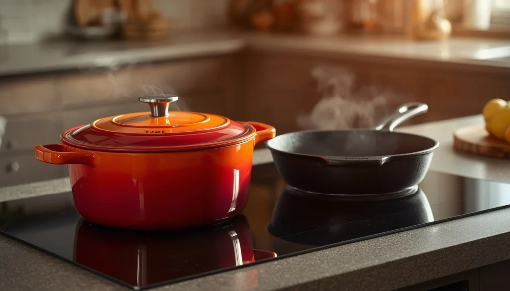 vibrant Dutch oven and bare cast iron skillet side by side on an induction stove