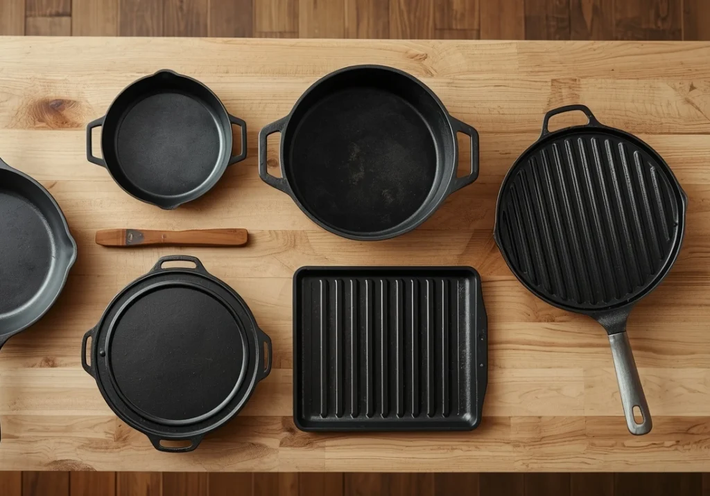 collection of induction compatible cast iron cookware including skillets Dutch ovens and grill pans