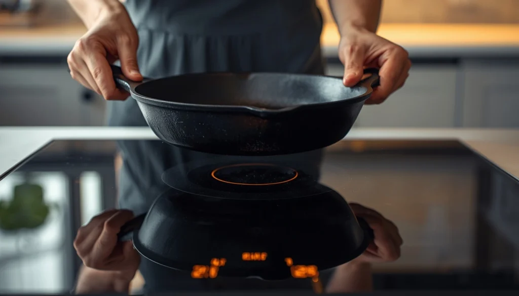 hand gently lifting a heavy cast iron skillet off a glass induction cooktop surface