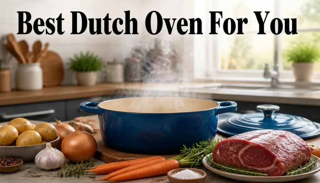 Dutch oven with ingredients like beef, carrots, and potatoes, illustrating Dutch Oven FAQs for the article.