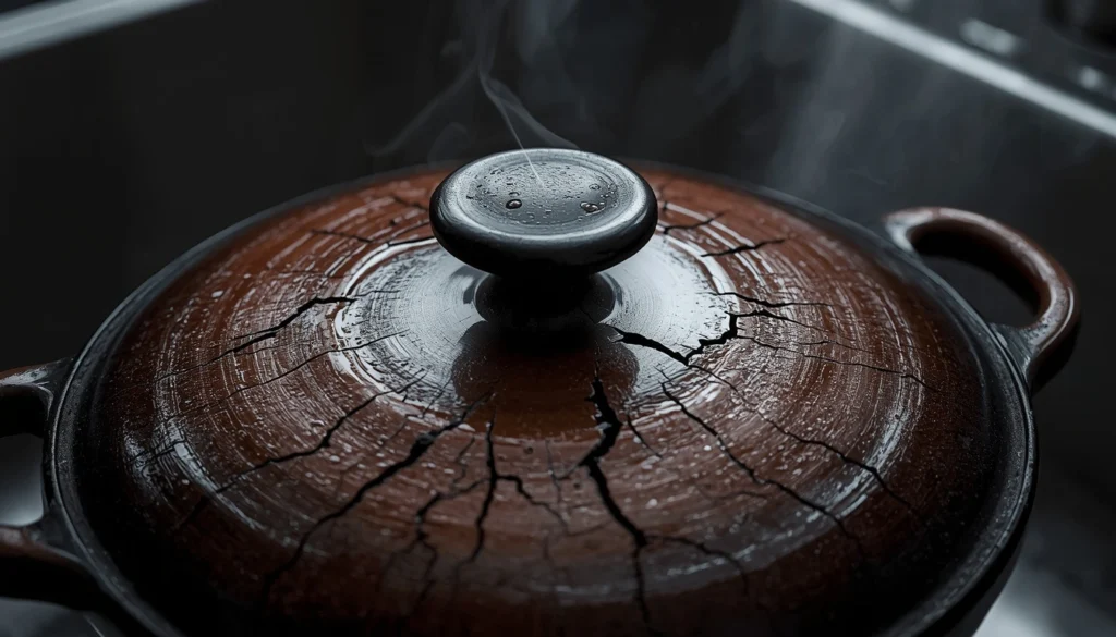Cracked ceramic Dutch oven lid, illustrating the visual consequence of thermal shock from sudden temperature change.