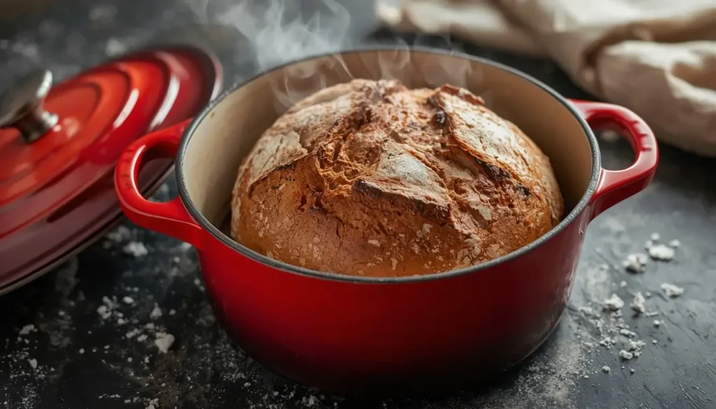 Fresh, golden-brown artisanal sourdough bread inside a round, open Lodge Dutch oven, with steam rising and flour on the counter.