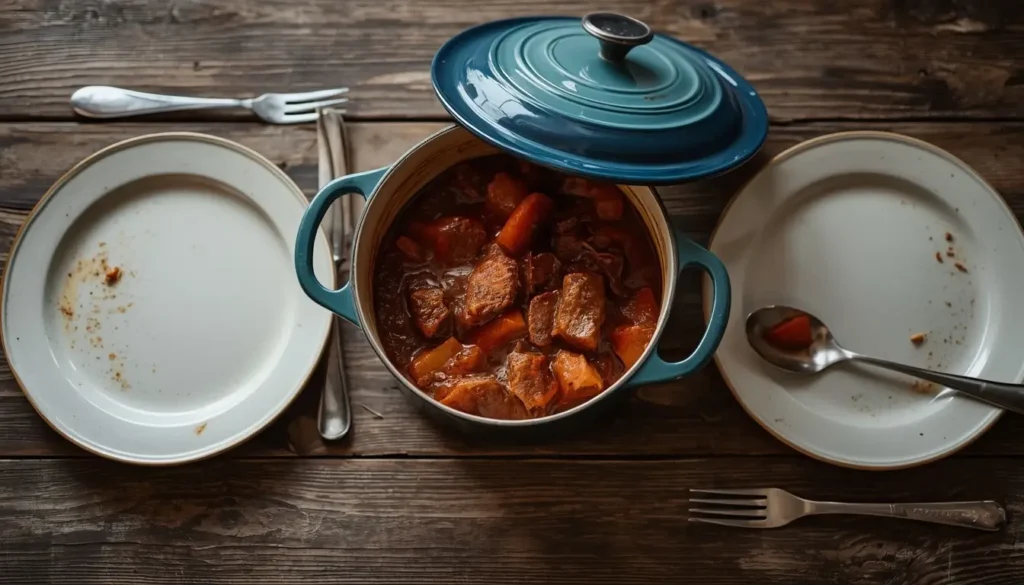 Small enameled Dutch oven with a hearty stew, serving plates, and cutlery set for two, demonstrating a 3-4 quart size for two people.
