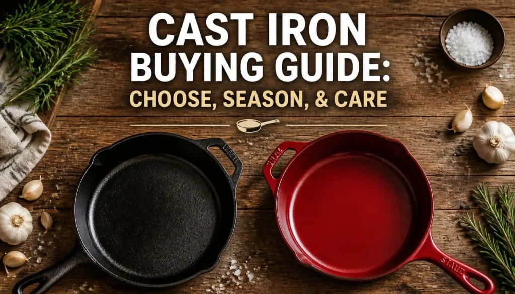 Cast Iron Buying Guide Choose Season and Care banner showing seasoned bare and enameled skillets