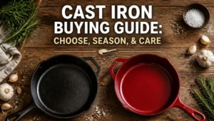 Cast Iron Buying Guide Choose Season and Care banner showing seasoned bare and enameled skillets