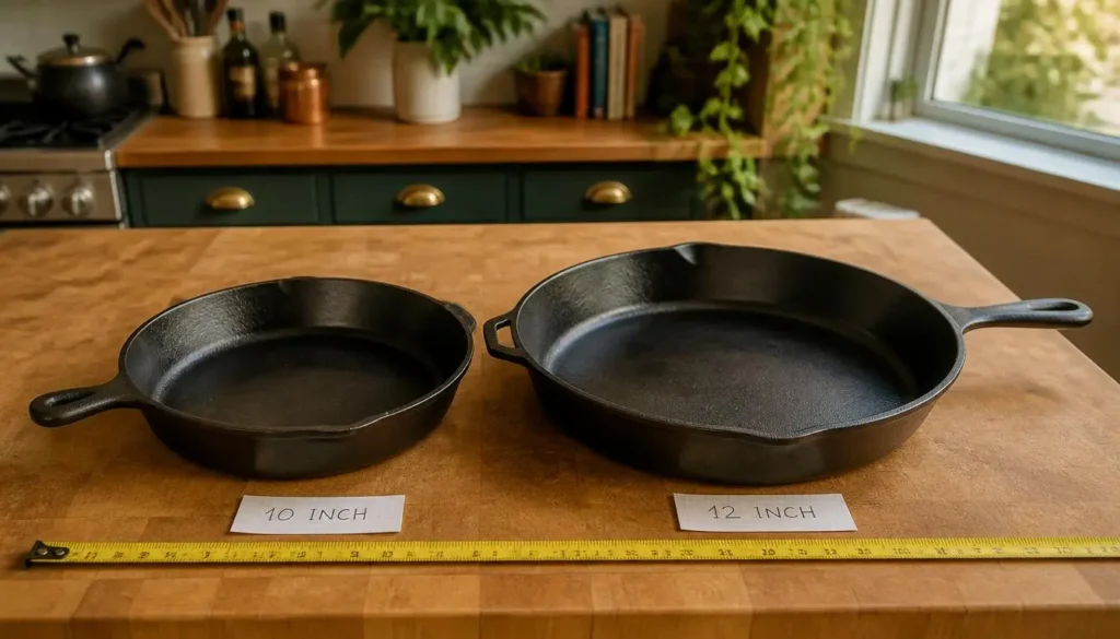 10-inch and 12-inch bare cast iron skillets compared on a wooden countertop.