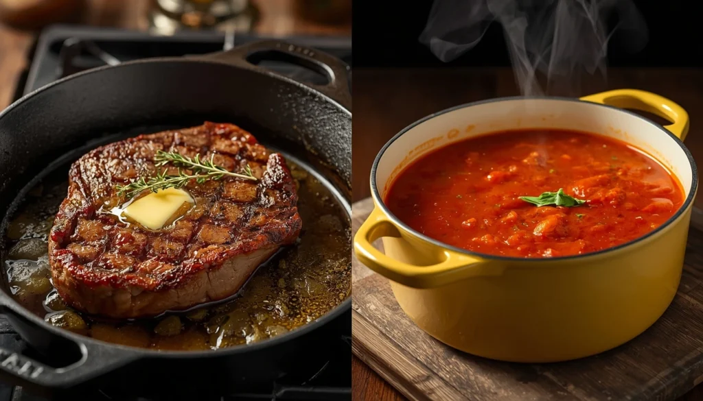 Bare cast iron skillet searing steak next to enameled Dutch oven with tomato sauce.