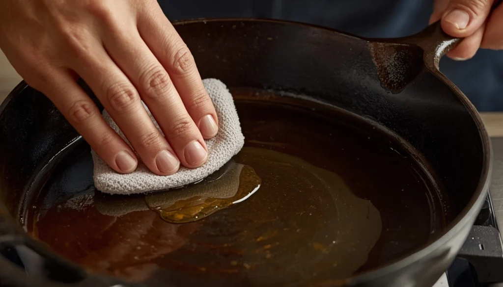 Applying a thin layer of oil with a cloth to season a dark cast iron skillet.
