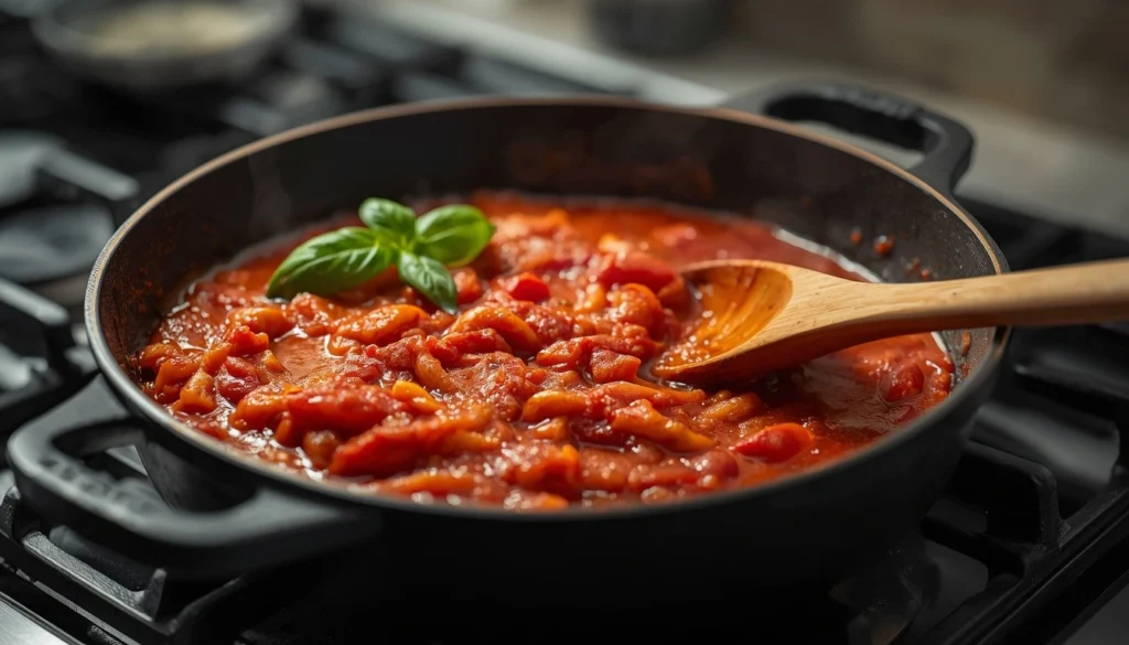 Rich acidic tomato sauce simmering inside a heavy skillet with fresh herbs.
