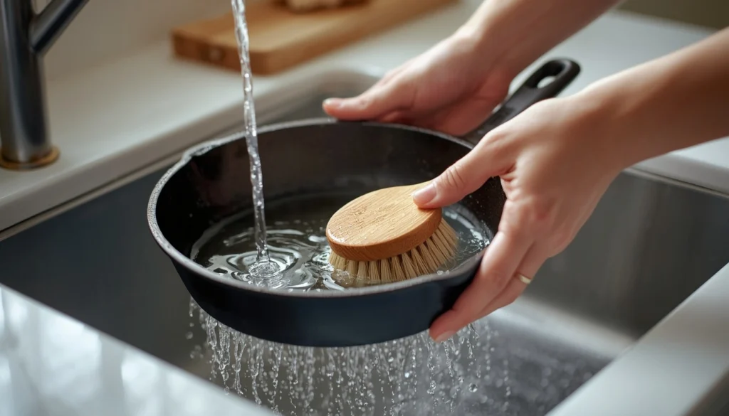 Hand washing a cast iron skillet with hot water and a gentle brush in a sink.