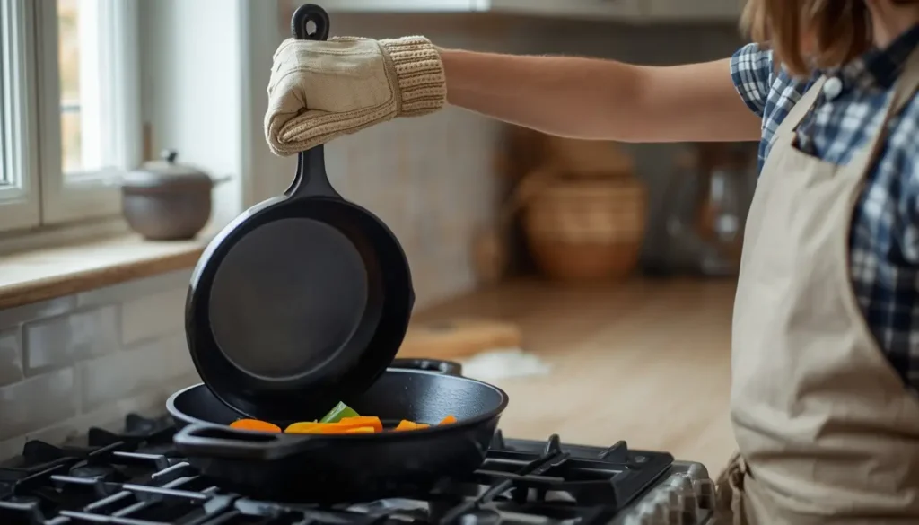 Lifting a cast iron skillet to check its weight for everyday use