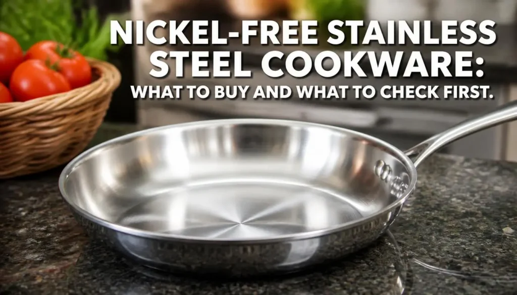 Nickel-Free Stainless Steel Cookware: What to Buy and What to Check First title image with skillet and tomatoes.Keywords: Nickel-free stainless steel cookware, what to buy, what to check first, cookware guide, stainless steel