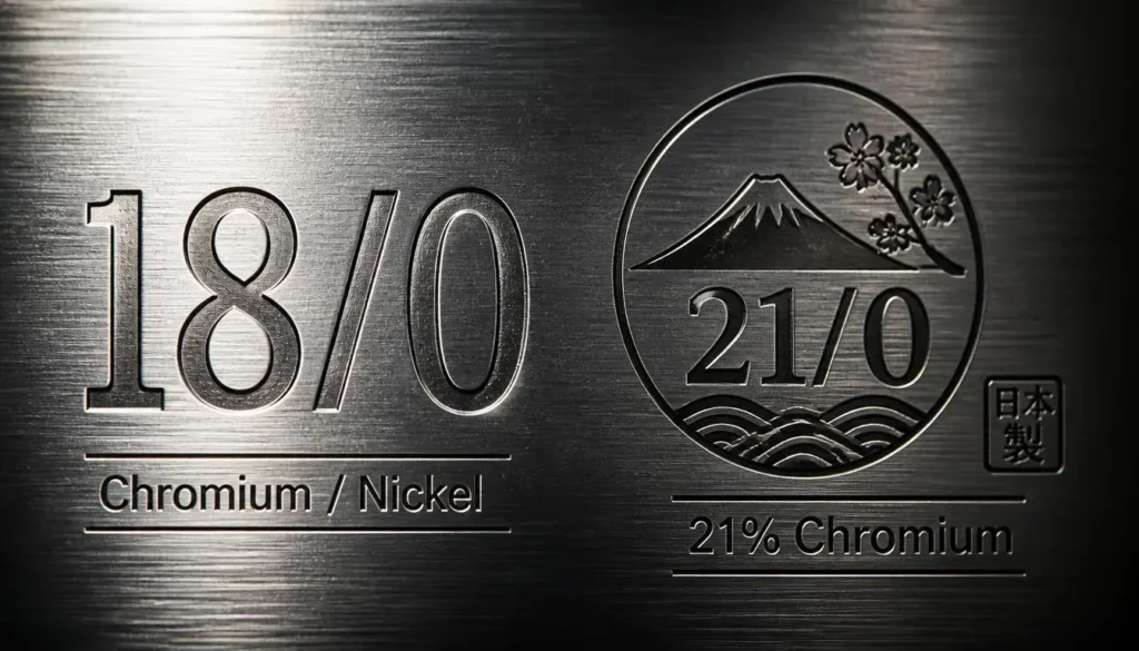 Etched metallic symbols for 18/0 and 21/0 nickel-free stainless steel grades.Keywords: Nickel-free stainless steel, 18/0 stainless steel, 21/0 stainless steel, steel grades, composition.