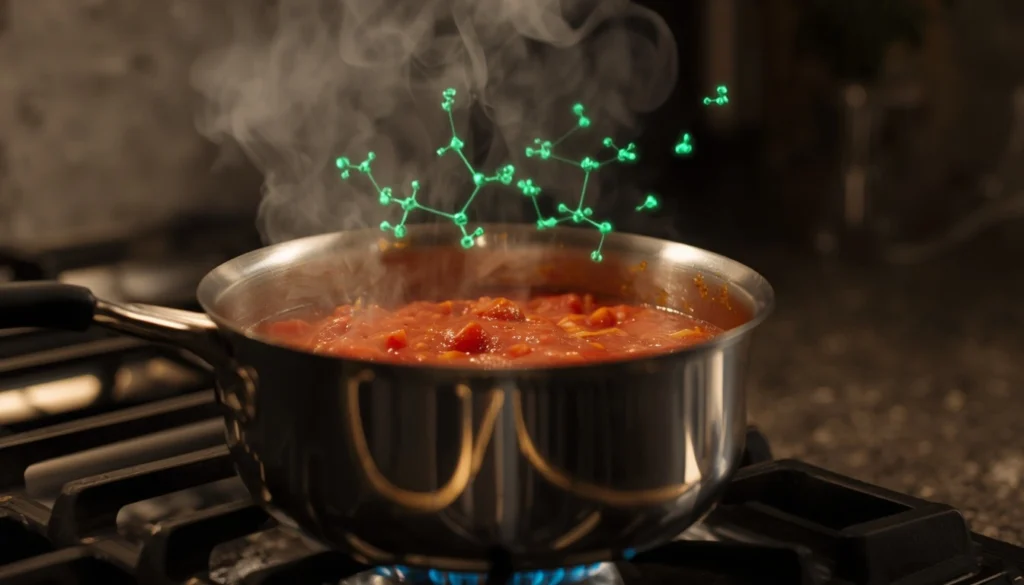 Simmering tomato sauce in an 18/10 stainless steel pot showing nickel leaching.Keywords: Stainless steel safety, nickel leaching, cooking tomato sauce, 18/10 stainless steel, health effects.
