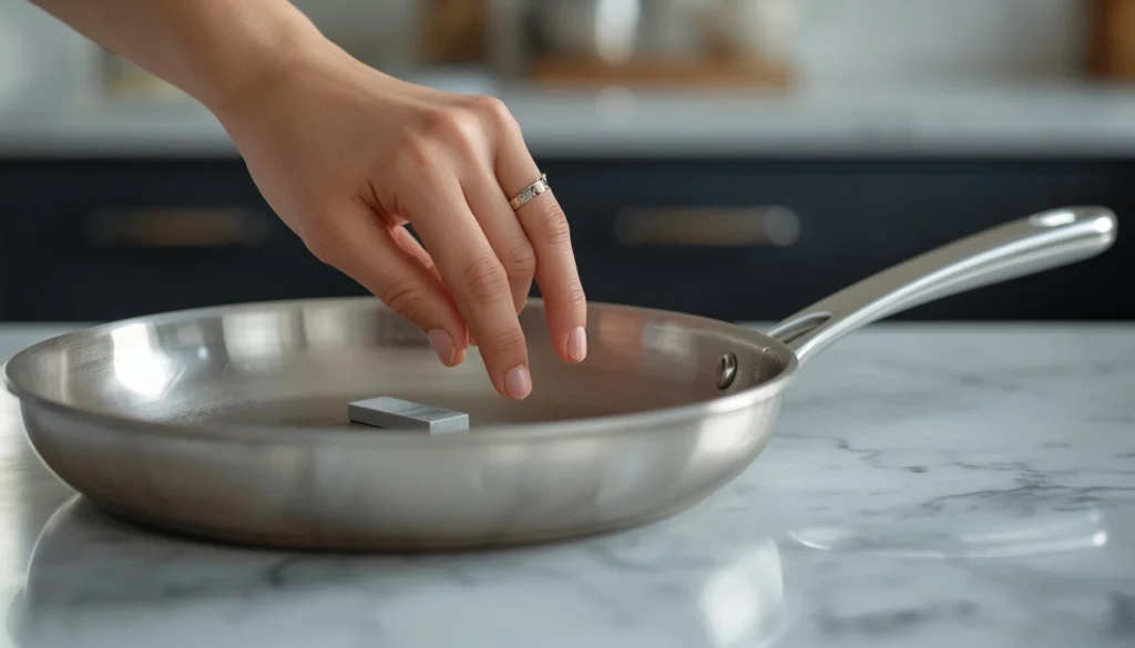 Magnet test on a nickel-free stainless steel pan to check magnetic properties.Keywords: Cookware checklist, buying nickel-free, magnet test, induction compatible, verifying material.