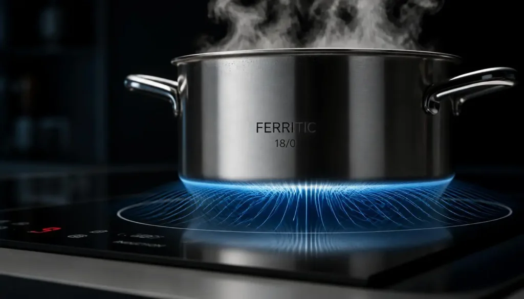 Ferritic nickel-free stainless steel pot interacting with a magnetic induction field.Keywords: Nickel-free induction cooking, magnetic steel, ferritic stainless steel, induction cooktop compatibility.
