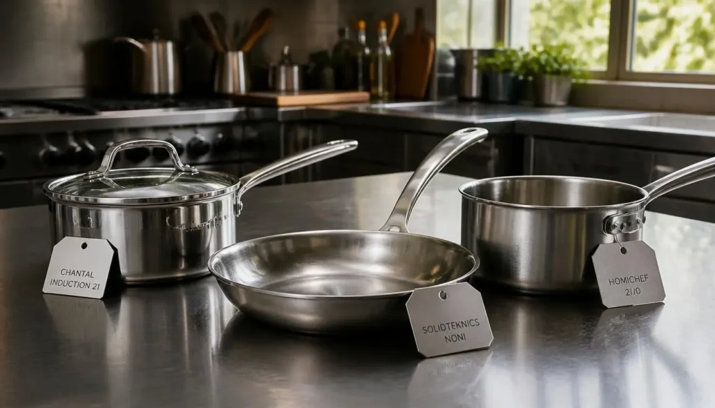 Three pots representing Chantal, Solidteknics, and HomiChef nickel-free cookware brands.Keywords: Nickel-free cookware brands, Chantal Induction 21, Solidteknics nöni, HomiChef cookware, brand comparison.