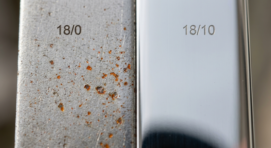 Close-up comparison of rust on 18/0 and 18/10 stainless steel surfaces.Keywords: Stainless steel rust resistance, 18/0 vs 18/10 corrosion, rusting steel, surface comparison.